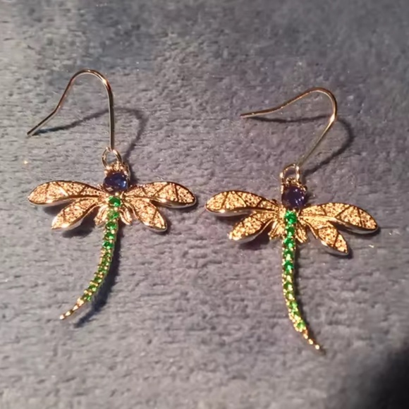 Emerald Green Dragonfly Dangle Earrings - Picture 9 of 10